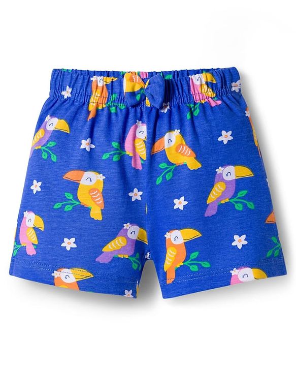 Babyhug Single Jersey Knit Mid Thigh Shorts With Floral Bird & Polka Dot Print Pack of 3 - Pink & Blue