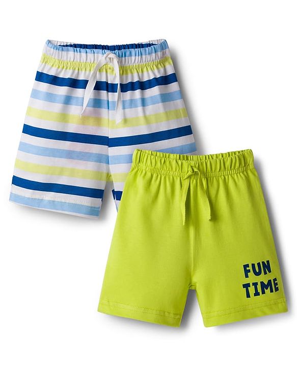 Babyhug Single Jersey Knit Mid Thigh Shorts With Stripes & Fun Time Print Pack Of 2 - Yellow & White