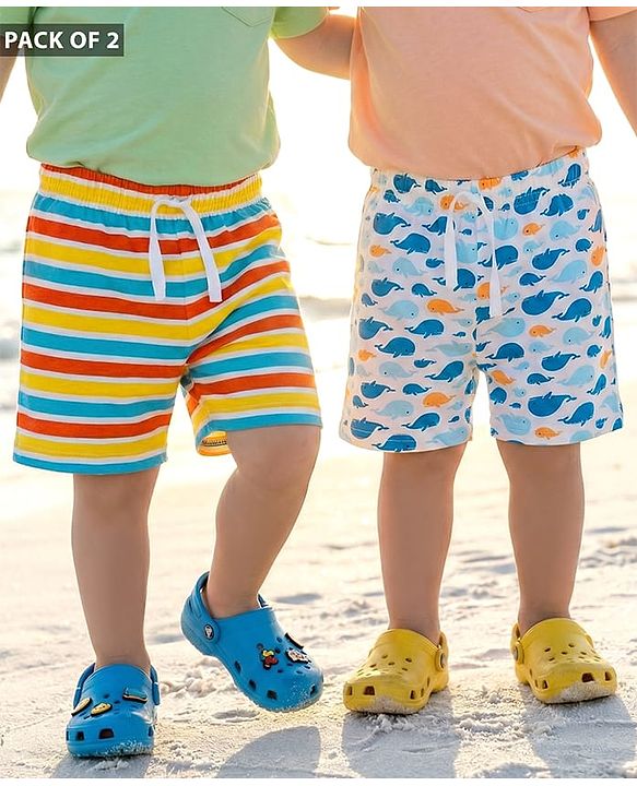 Babyhug Single Jersey Knit Striped & Whale Printed Mid Thigh Length Shorts Pack Of 2 - Multicolour