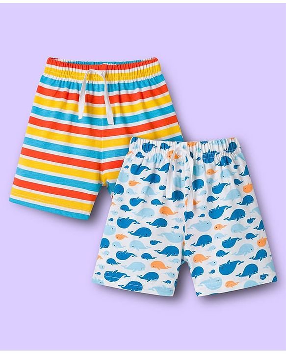Babyhug Single Jersey Knit Striped & Whale Printed Mid Thigh Length Shorts Pack Of 2 - Multicolour