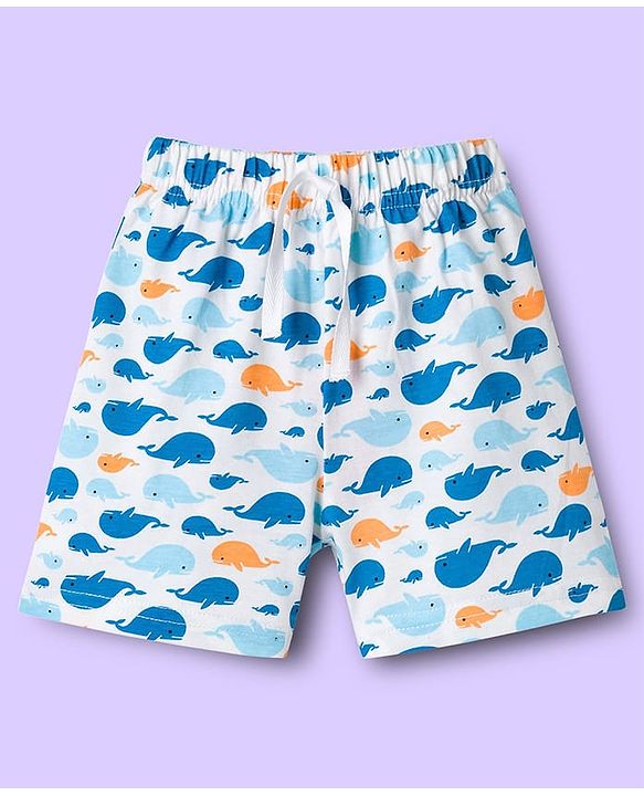 Babyhug Single Jersey Knit Striped & Whale Printed Mid Thigh Length Shorts Pack Of 2 - Multicolour