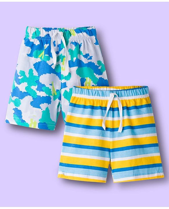 Babyhug Single Jersey Knit Mid Thigh Shorts With Stripes & Abstract Print Pack of 2 - Aqua & Yellow