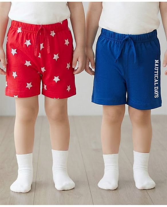 Babyhug Single Jersey Knit Mid Thigh Shorts With Star & Text Print Pack of 2 - Red & Blue