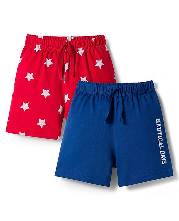 Babyhug Single Jersey Knit Mid Thigh Shorts With Star & Text Print Pack of 2 - Red & Blue