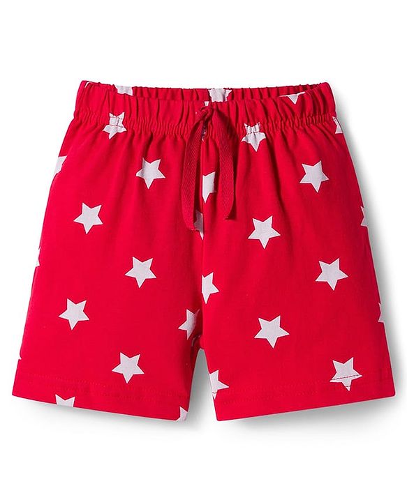 Babyhug Single Jersey Knit Mid Thigh Shorts With Star & Text Print Pack of 2 - Red & Blue