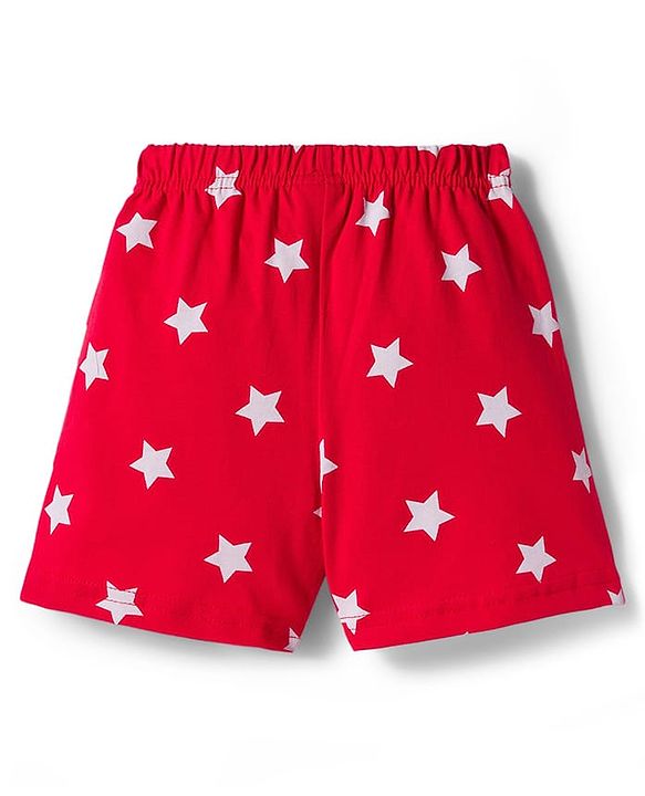 Babyhug Single Jersey Knit Mid Thigh Shorts With Star & Text Print Pack of 2 - Red & Blue