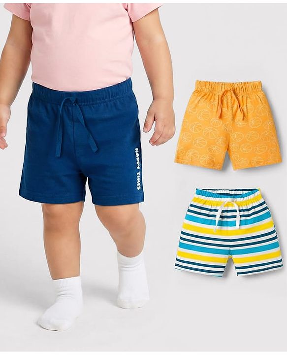 Babyhug Single Jersey Knit Mid Thigh Striped & Basketball Printed Shorts Pack of 3 - Multicolor
