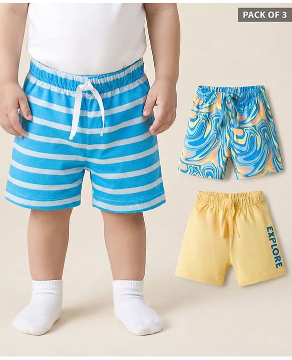 Babyhug Single Jersey knit Mid Thigh Shorts With Text Print Pack Of 3 - Yellow & Blue