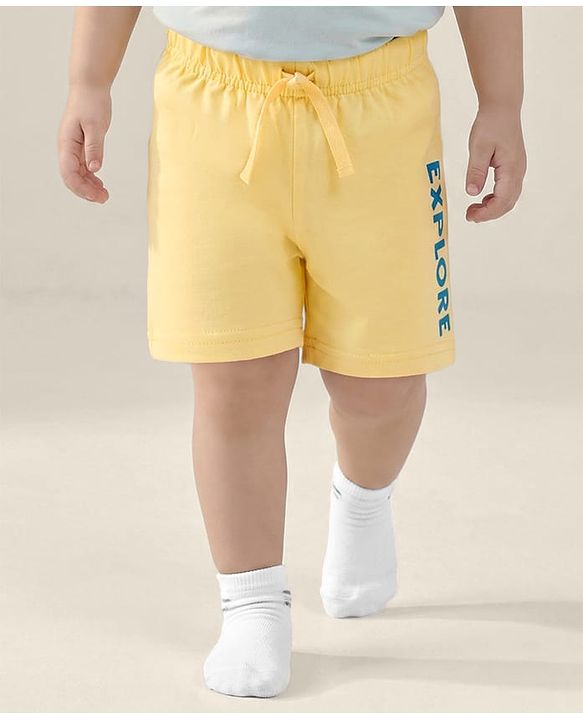 Babyhug Single Jersey knit Mid Thigh Shorts With Text Print Pack Of 3 - Yellow & Blue