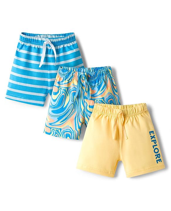 Babyhug Single Jersey knit Mid Thigh Shorts With Text Print Pack Of 3 - Yellow & Blue