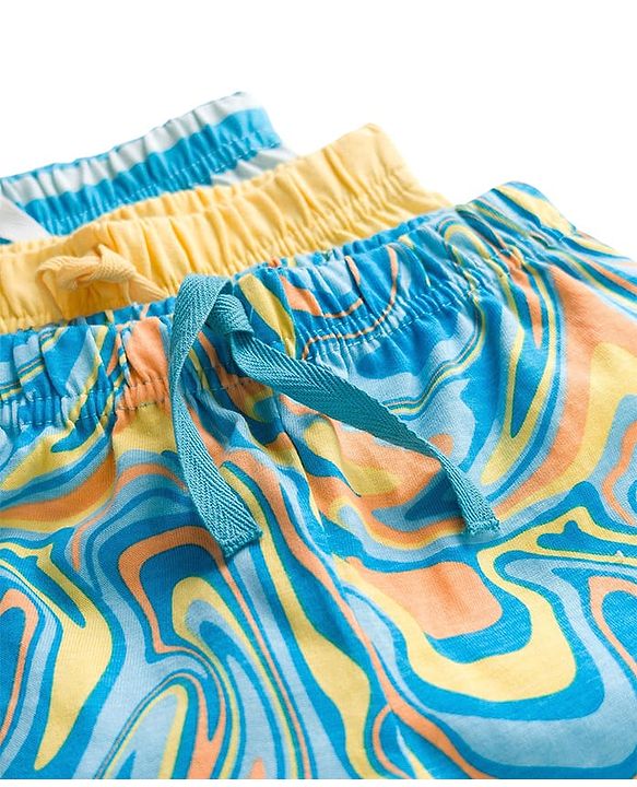 Babyhug Single Jersey knit Mid Thigh Shorts With Text Print Pack Of 3 - Yellow & Blue