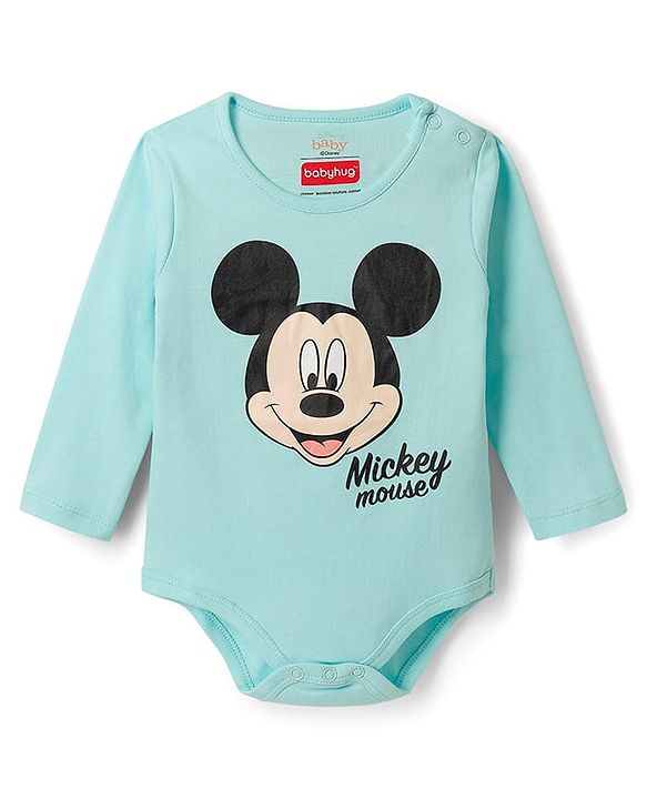 Babyhug Disney Interlock Knit Full Sleeves Mickey Mouse Printed Onesie With Bib - Light Blue