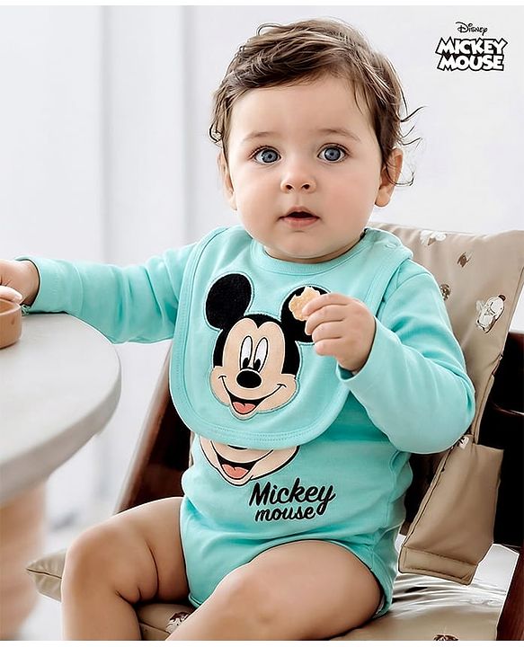 Babyhug Disney Interlock Knit Full Sleeves Mickey Mouse Printed Onesie With Bib - Light Blue