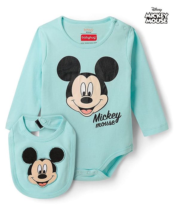 Babyhug Disney Interlock Knit Full Sleeves Mickey Mouse Printed Onesie With Bib - Light Blue