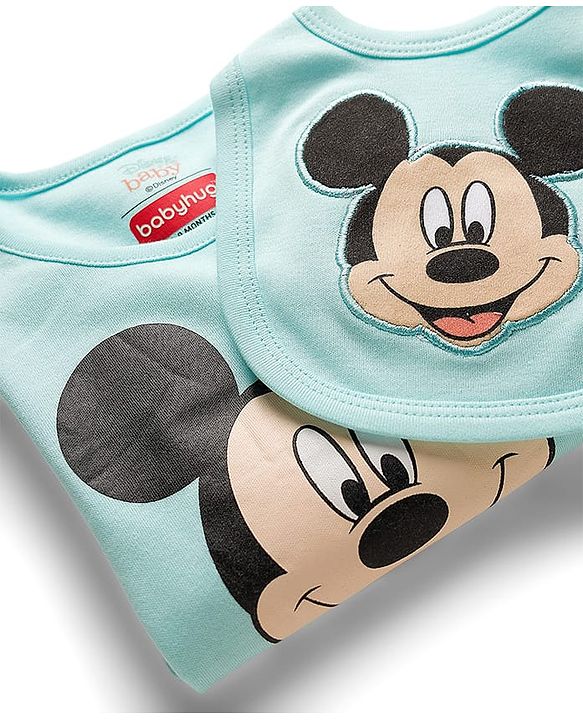 Babyhug Disney Interlock Knit Full Sleeves Mickey Mouse Printed Onesie With Bib - Light Blue