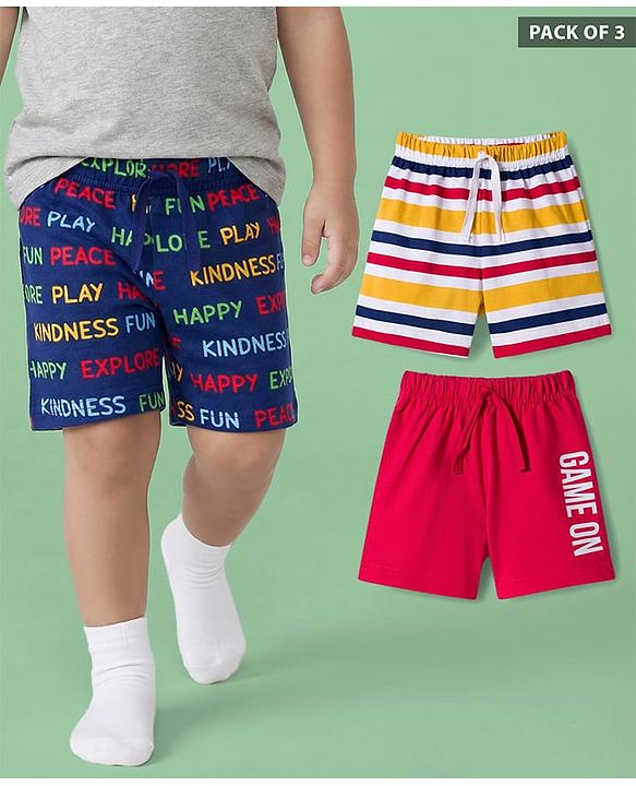 Babyhug Single Jersey Knit Mid Thigh Striped & Text Printed Shorts Pack of 3 - Red Navy Blue & White