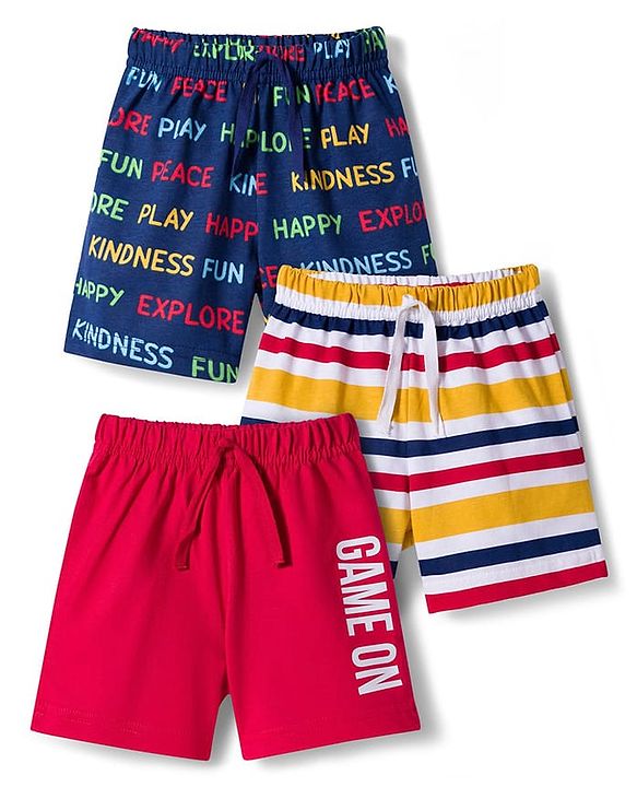 Babyhug Single Jersey Knit Mid Thigh Striped & Text Printed Shorts Pack of 3 - Red Navy Blue & White