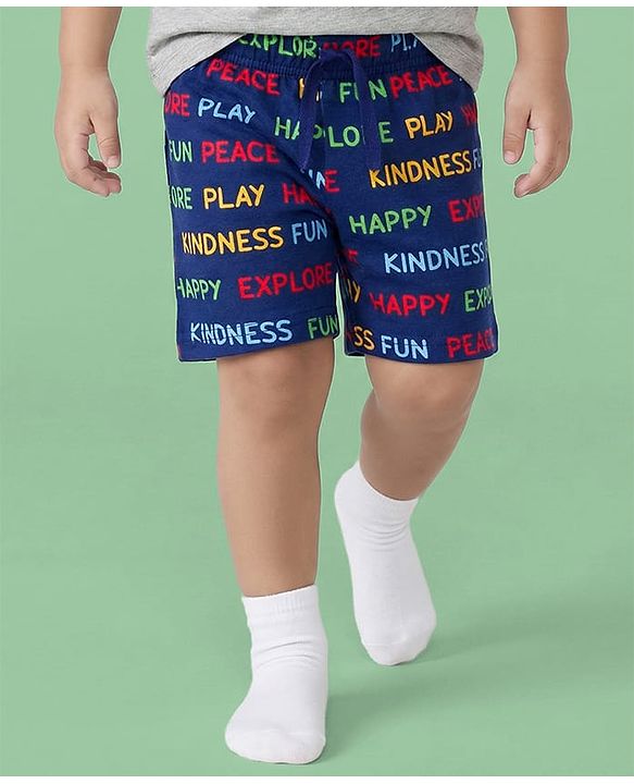 Babyhug Single Jersey Knit Mid Thigh Striped & Text Printed Shorts Pack of 3 - Red Navy Blue & White