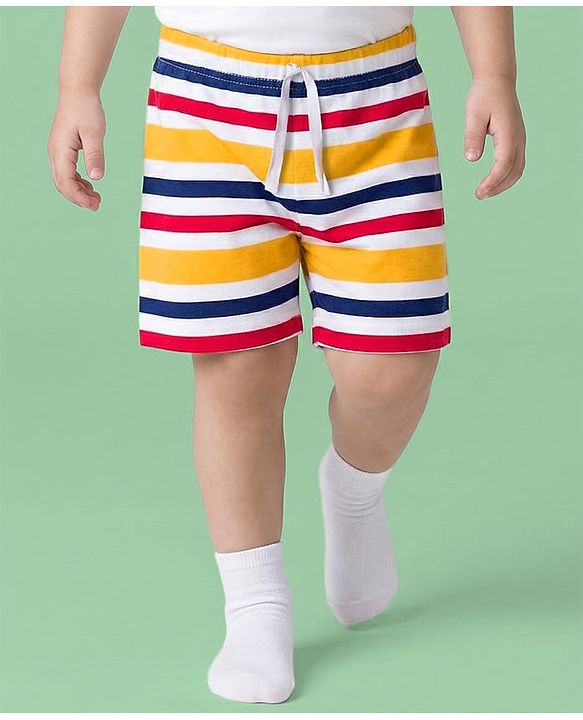 Babyhug Single Jersey Knit Mid Thigh Striped & Text Printed Shorts Pack of 3 - Red Navy Blue & White