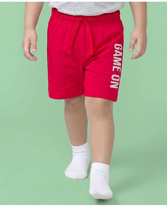 Babyhug Single Jersey Knit Mid Thigh Striped & Text Printed Shorts Pack of 3 - Red Navy Blue & White