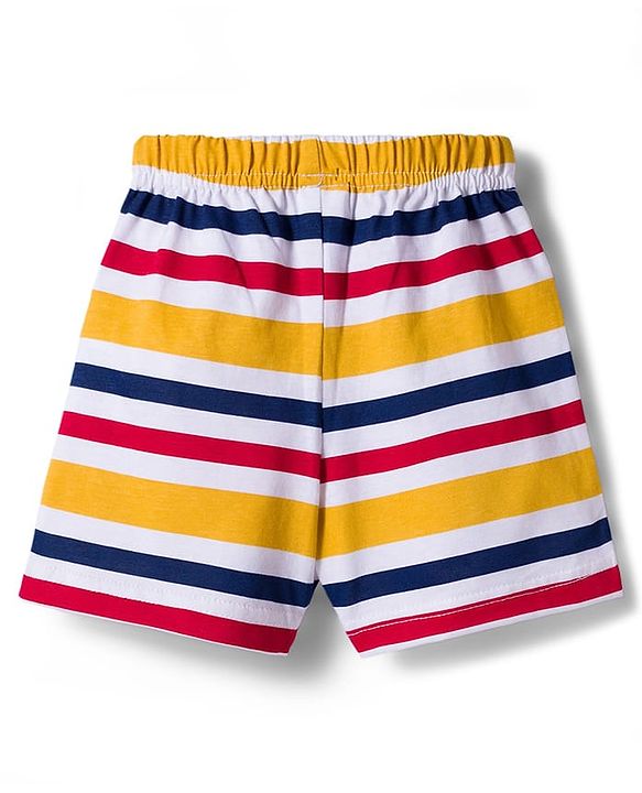 Babyhug Single Jersey Knit Mid Thigh Striped & Text Printed Shorts Pack of 3 - Red Navy Blue & White