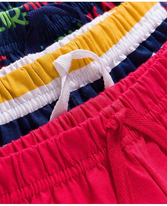 Babyhug Single Jersey Knit Mid Thigh Striped & Text Printed Shorts Pack of 3 - Red Navy Blue & White
