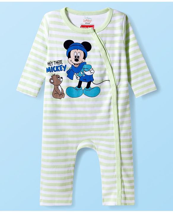 Babyhug Disney Interlock Knit Full Sleeves Rompers With Mickey Mouse Print Pack Of 2 - White
