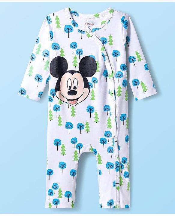 Babyhug Disney Interlock Knit Full Sleeves Rompers With Mickey Mouse Print Pack Of 2 - White