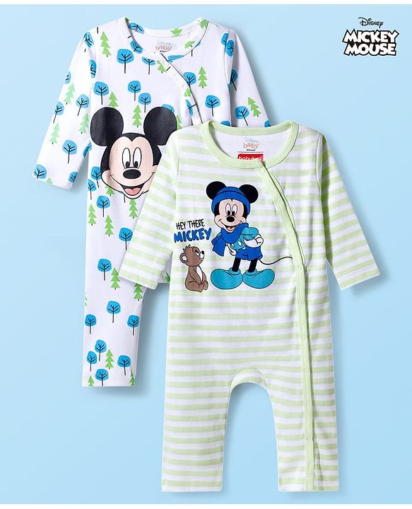 Babyhug Disney Interlock Knit Full Sleeves Rompers With Mickey Mouse Print Pack Of 2 - White