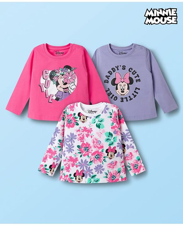 Babyhug Disney Single Jersey Knit Full Sleeves T-Shirts with Minnie Mouse Graphic Pack of 3 - Pink White & Lavender