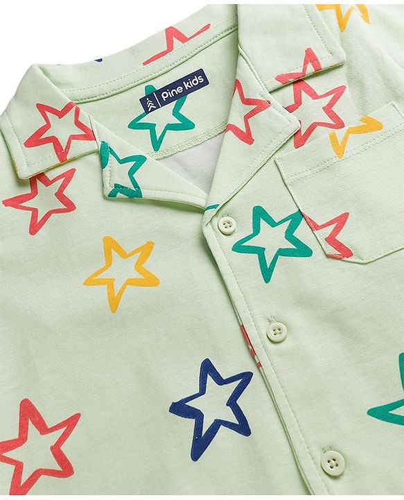 Pine Kids Single Jersey Knit Half Sleeves Shirt & Pyjama Co-ord Night Suit With Star Print - Sea Green
