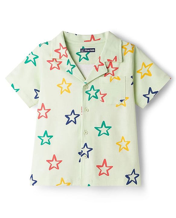 Pine Kids Single Jersey Knit Half Sleeves Shirt & Pyjama Co-ord Night Suit With Star Print - Sea Green