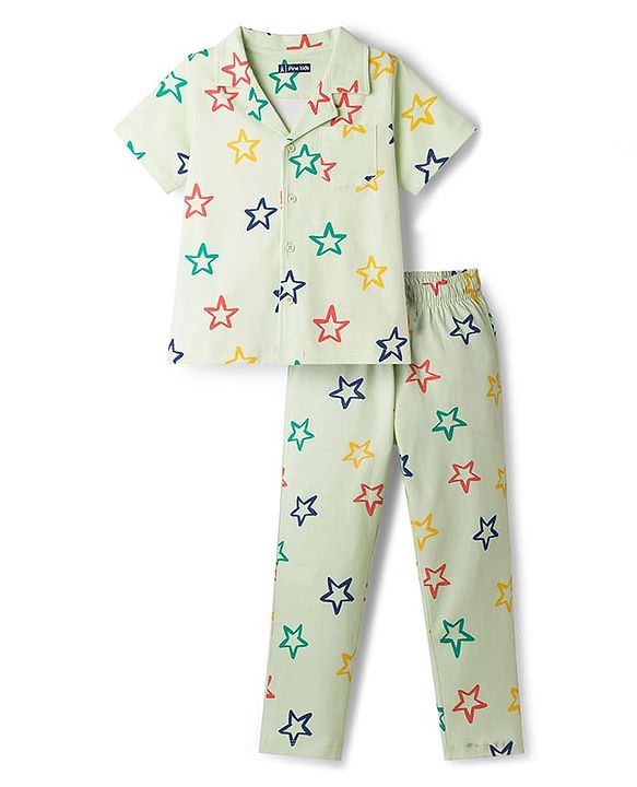 Pine Kids Single Jersey Knit Half Sleeves Shirt & Pyjama Co-ord Night Suit With Star Print - Sea Green