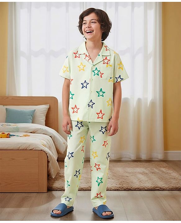 Pine Kids Single Jersey Knit Half Sleeves Shirt & Pyjama Co-ord Night Suit With Star Print - Sea Green