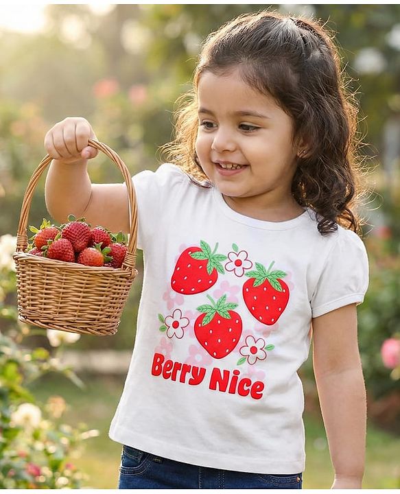 Babyhug Cotton Knit Half Sleeves T-Shirt with Strawberry Print - White