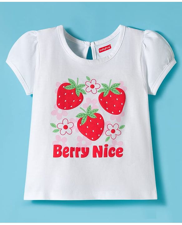 Babyhug Cotton Knit Half Sleeves T-Shirt with Strawberry Print - White