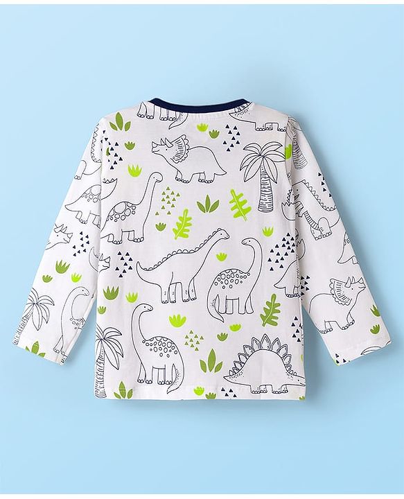 Babyhug Cotton Knit Full Sleeves Co-ord Night Suit With Dino Print - White