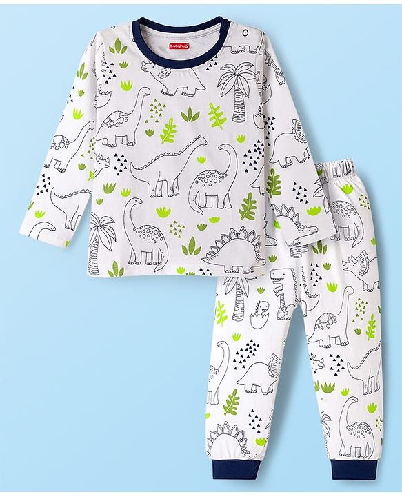 Babyhug Cotton Knit Full Sleeves Co-ord Night Suit With Dino Print - White