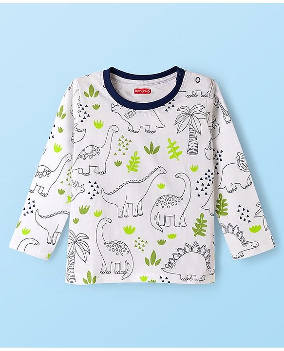 Babyhug Cotton Knit Full Sleeves Co-ord Night Suit With Dino Print - White