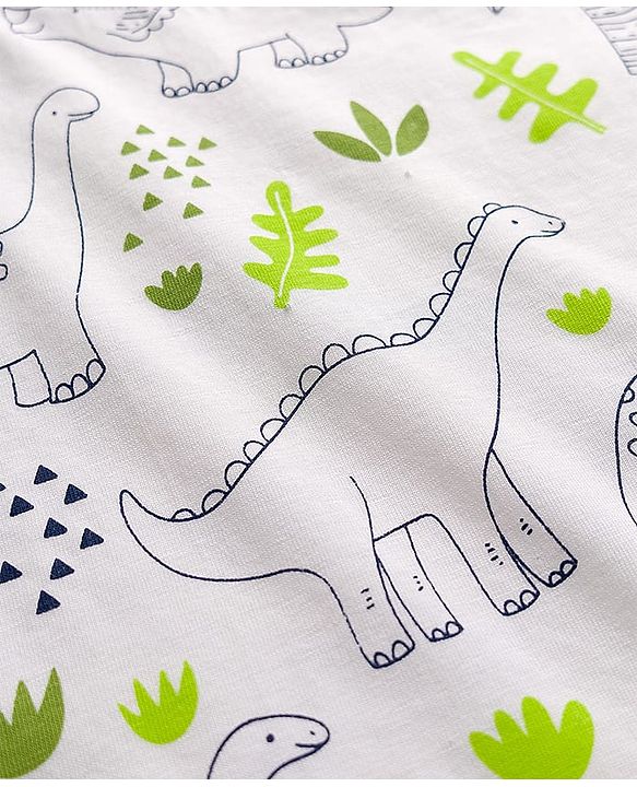 Babyhug Cotton Knit Full Sleeves Co-ord Night Suit With Dino Print - White