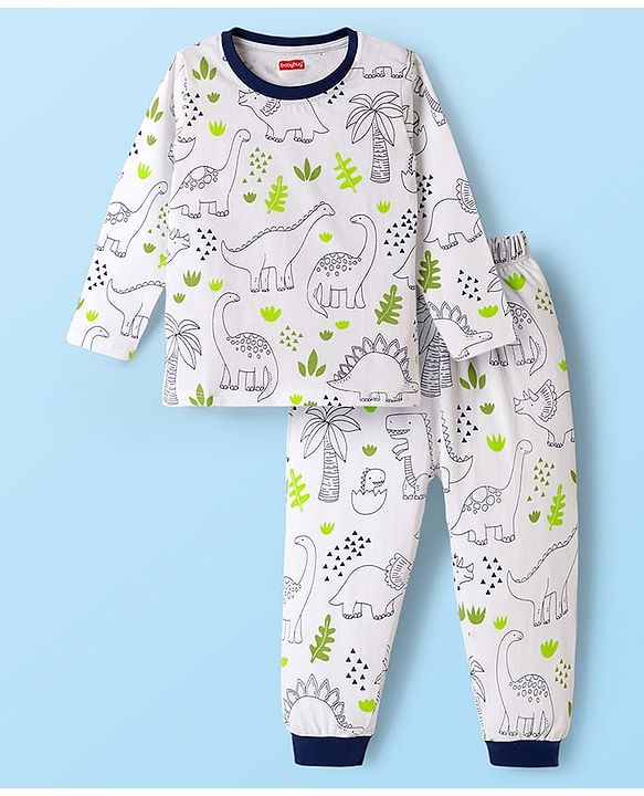 Babyhug Cotton Knit Full Sleeves Co-ord Night Suit With Dino Print - White