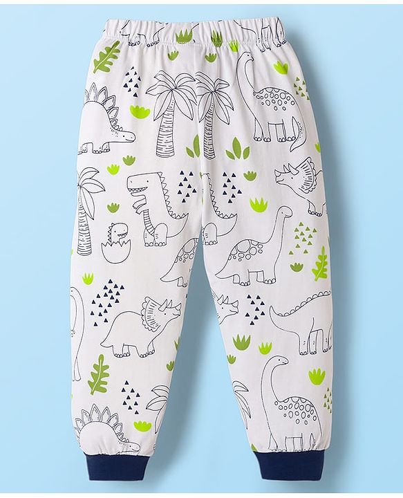 Babyhug Cotton Knit Full Sleeves Co-ord Night Suit With Dino Print - White
