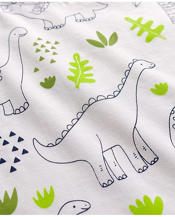Babyhug Cotton Knit Full Sleeves Co-ord Night Suit With Dino Print - White