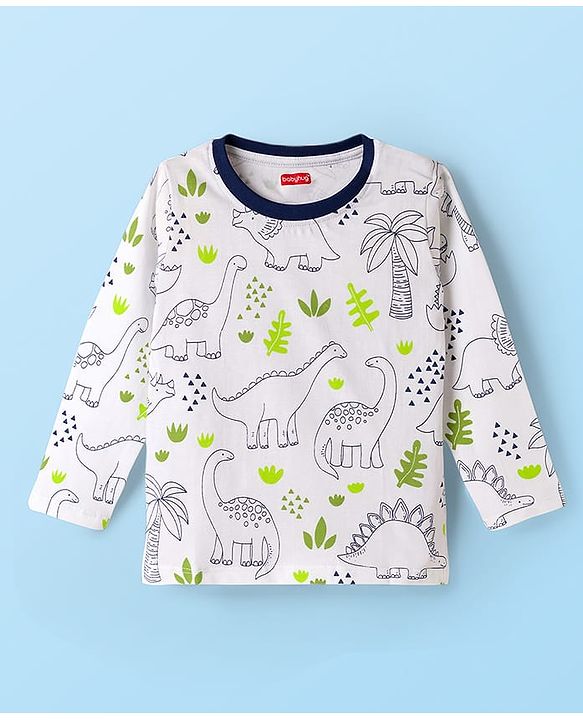 Babyhug Cotton Knit Full Sleeves Co-ord Night Suit With Dino Print - White