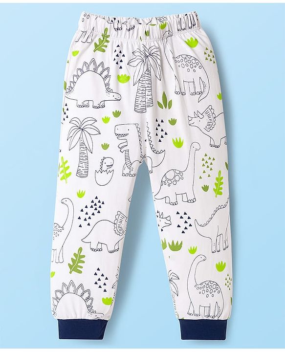 Babyhug Cotton Knit Full Sleeves Co-ord Night Suit With Dino Print - White