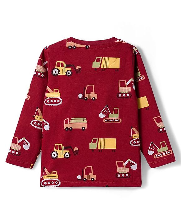 Babyhug Cotton Knit Full Sleeves Co-ord Night Suit With Vehicle Print - Brown