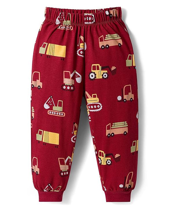Babyhug Cotton Knit Full Sleeves Co-ord Night Suit With Vehicle Print - Brown
