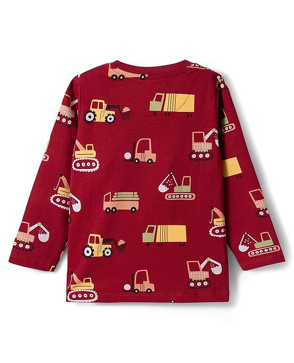 Babyhug Cotton Knit Full Sleeves Co-ord Night Suit With Vehicle Print - Brown