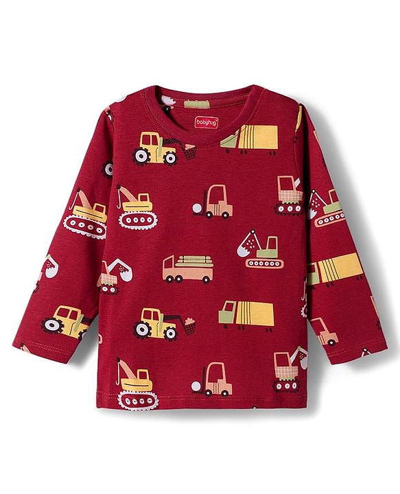 Babyhug Cotton Knit Full Sleeves Co-ord Night Suit With Vehicle Print - Brown