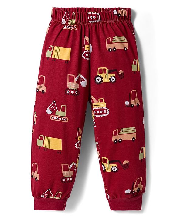 Babyhug Cotton Knit Full Sleeves Co-ord Night Suit With Vehicle Print - Brown